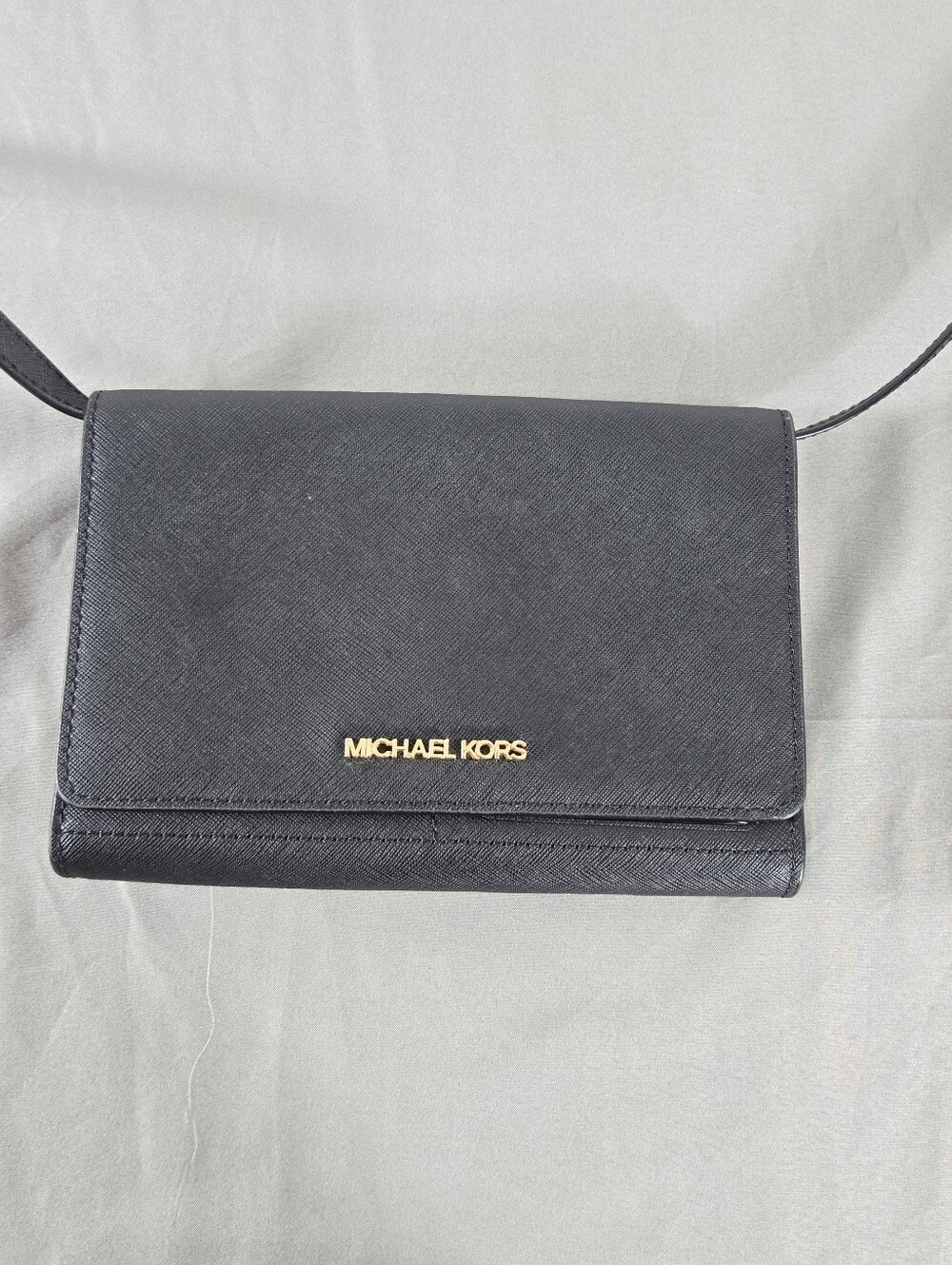 MICHAEL KORS Black Saffiano Crossbody with Gold Logo